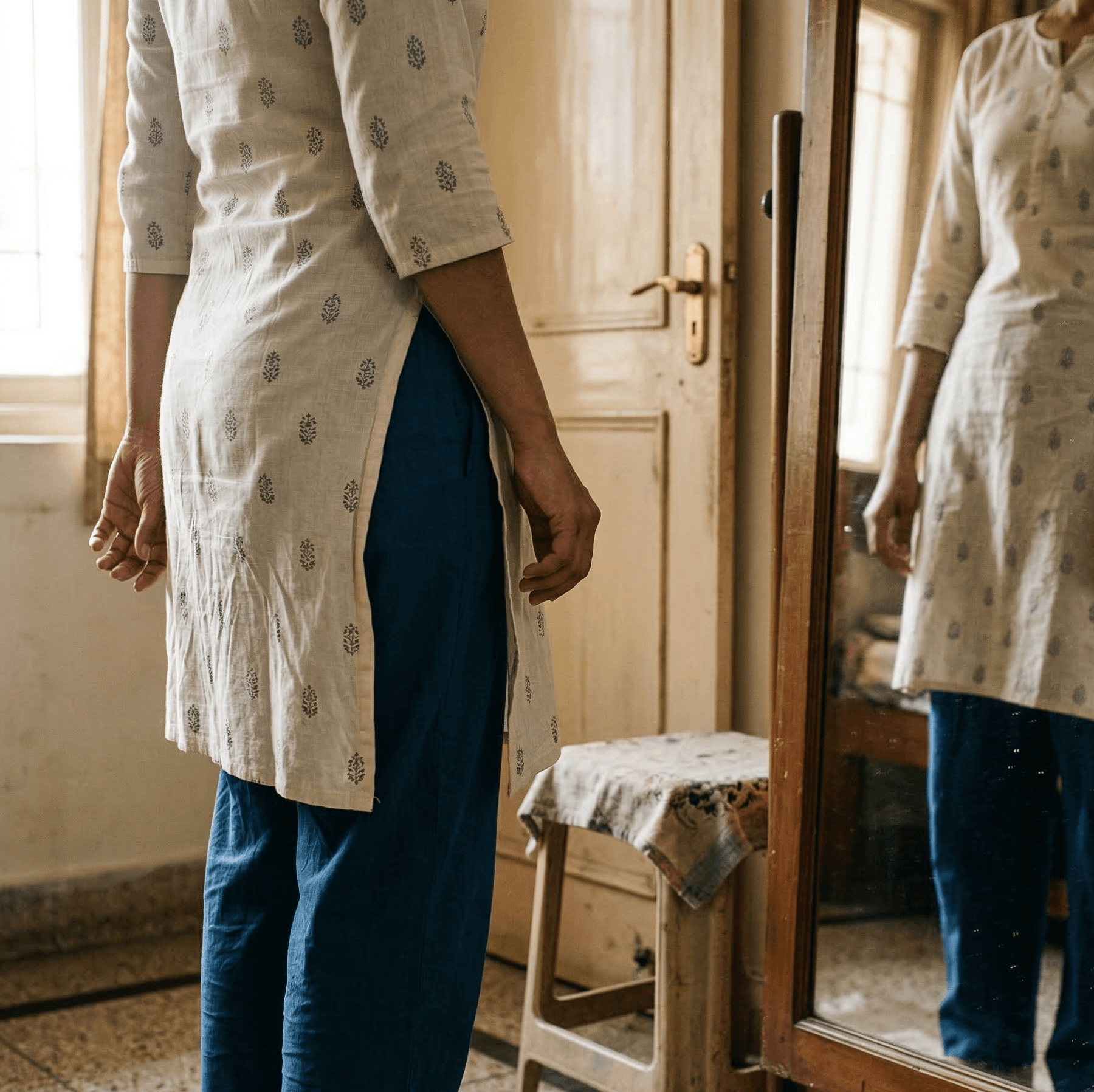 Woman looking at mirror side-on