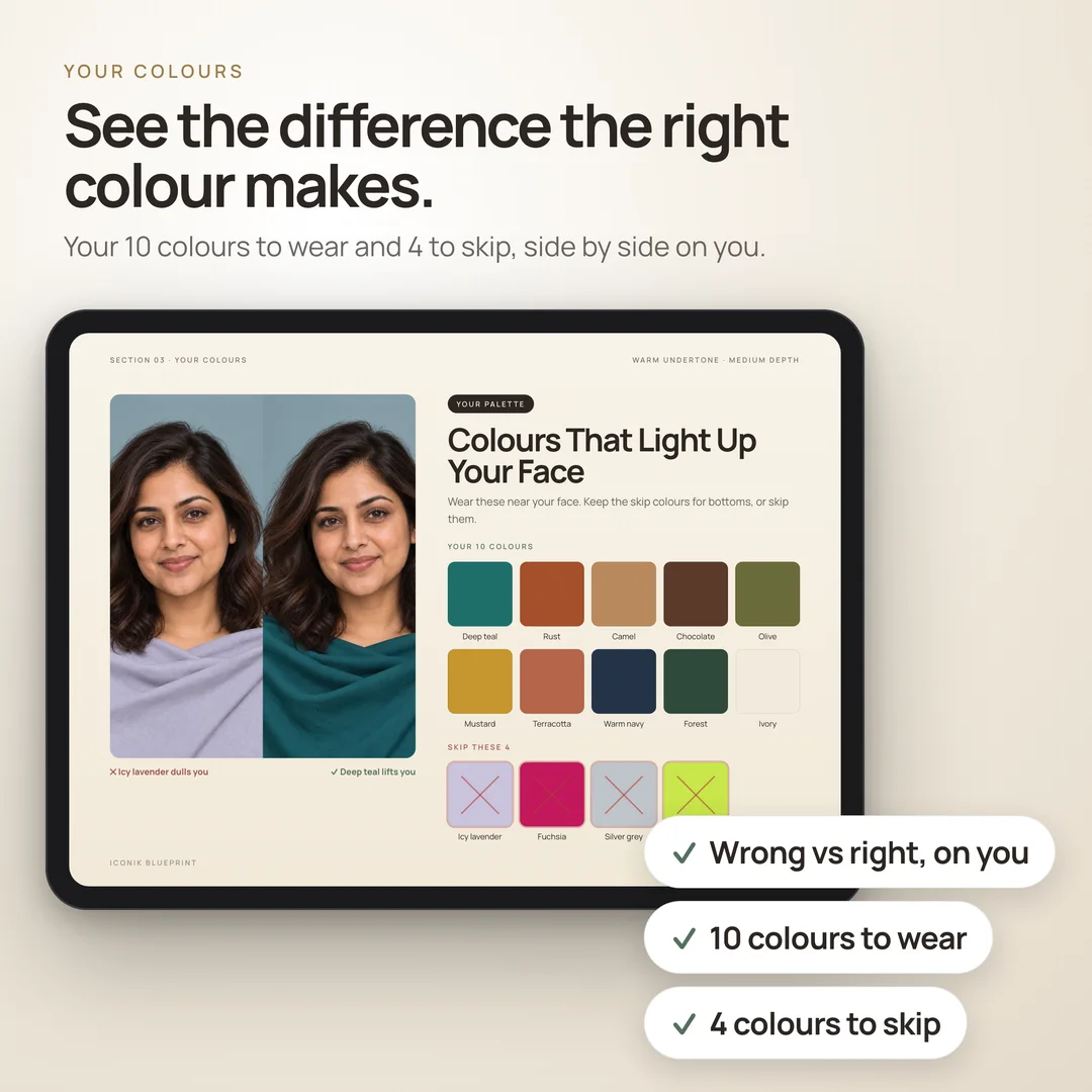 Sample colour page: a colour to skip beside a colour that suits her, 10 colours to wear and 4 to skip