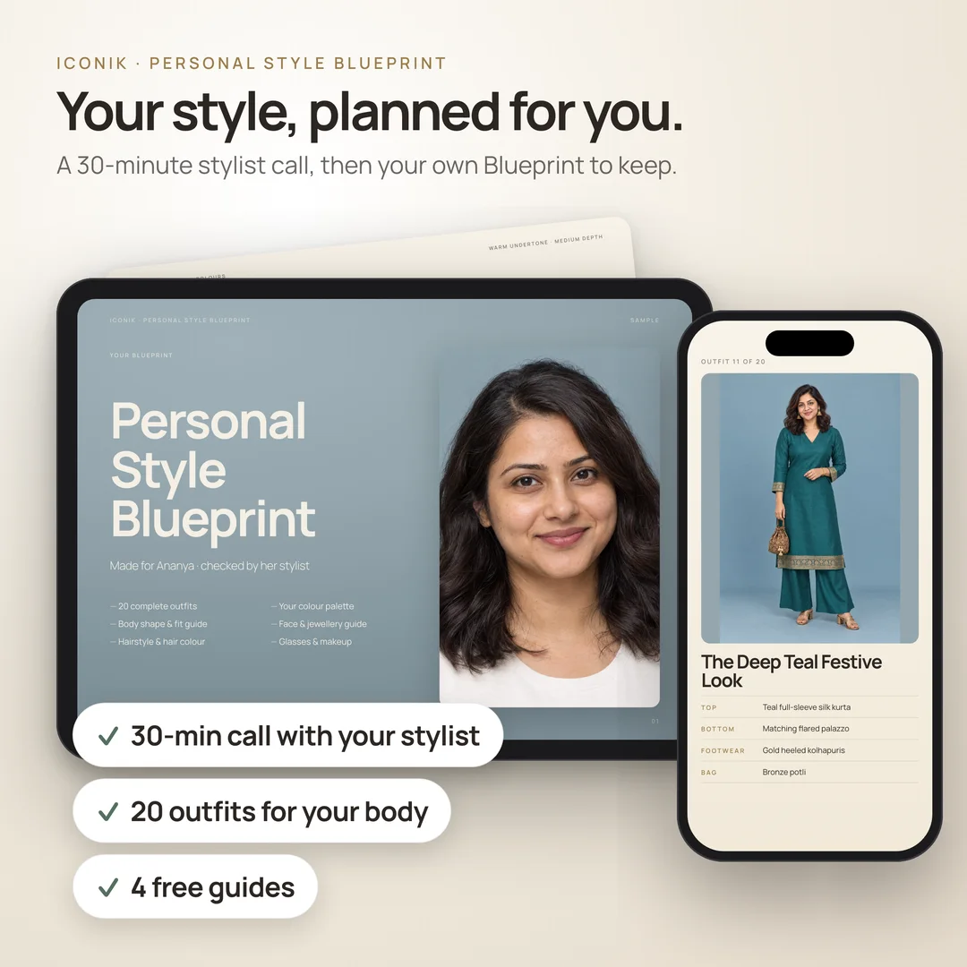 Sample Personal Style Blueprint on a tablet and phone: 30-minute stylist call, 20 outfits, 4 free guides